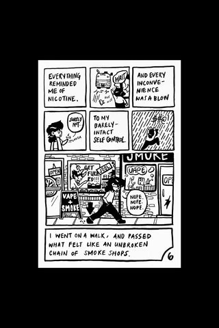 Black-and-white comic zine page with speech bubbles and walking character