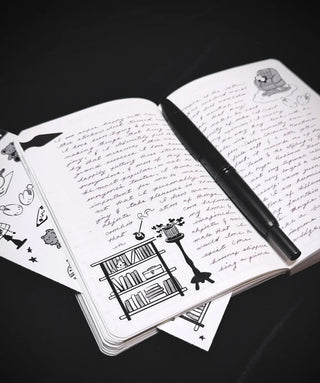At-home sticker sheet with black line-art shelves, star accents, and notebook-style notes