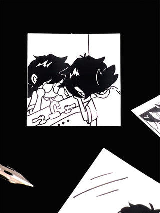 Square black-and-white cartoon sticker of a character wearing glasses