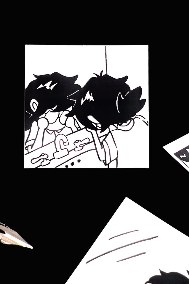 Square black-and-white cartoon sticker of a character wearing glasses