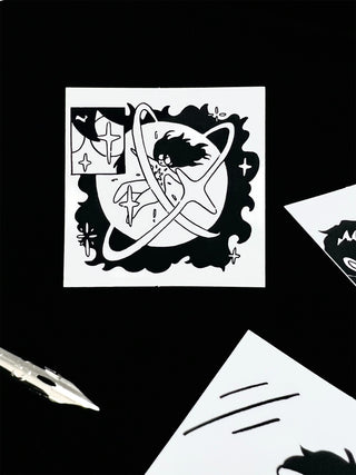 Square black-and-white magical girl sticker with cat-ear character illustration