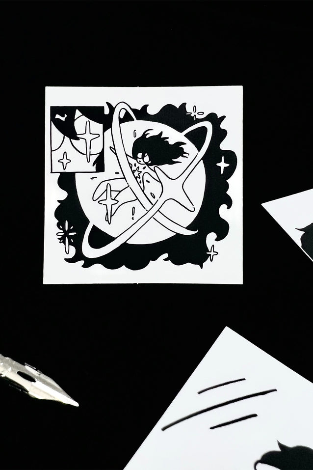 Square black-and-white magical girl sticker with cat-ear character illustration