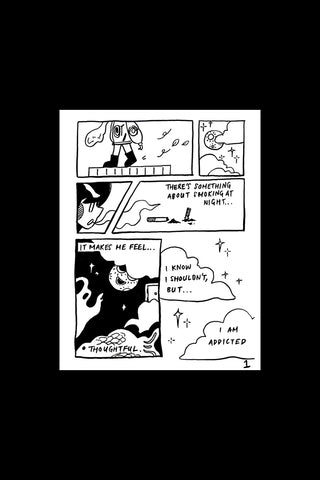 Mini comic zine page with 4 black-and-white panels, speech bubbles, and page mark