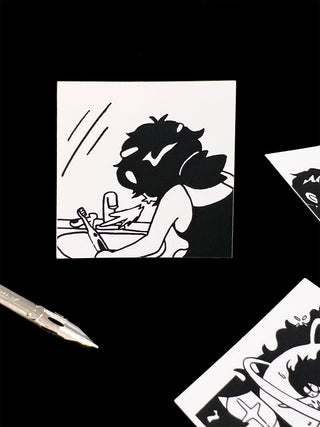 Toothpaste sticker with cartoon character brushing teeth, black and white