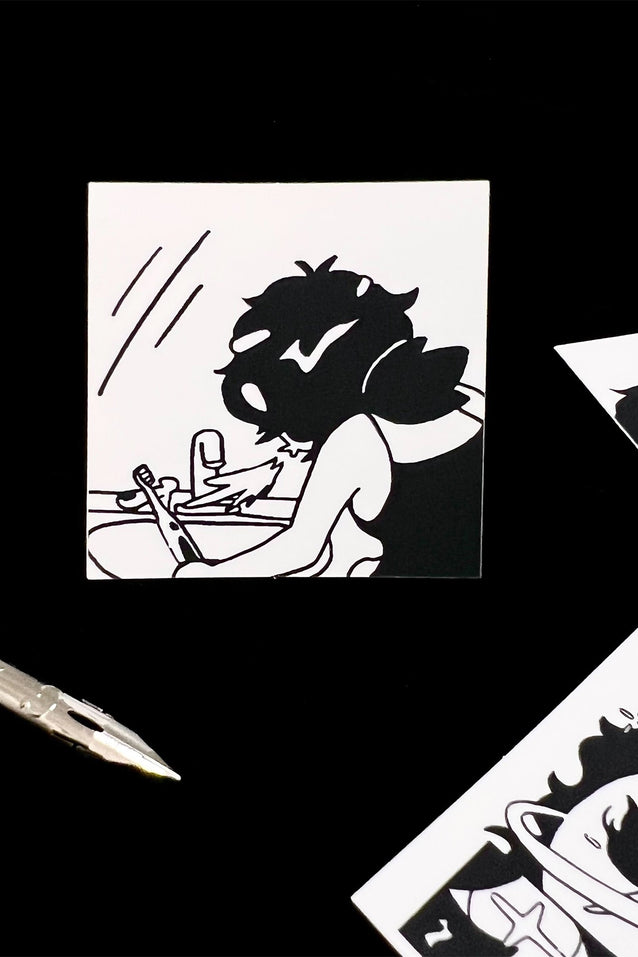 Toothpaste sticker with cartoon character brushing teeth, black and white
