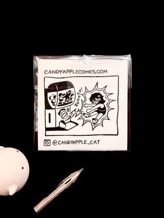 Bubble sticker sheet in clear pouch with black line-art character and text