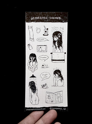 Depression Shower sticker sheet with character and bathroom icon illustrations