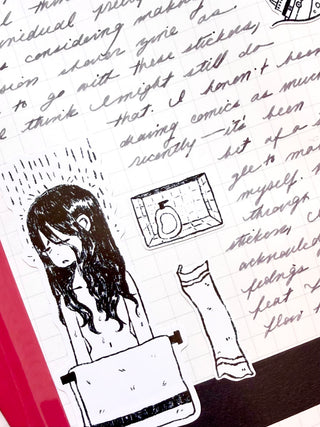 Sticker sheet detail with long-haired character by a bottle and scribbled text