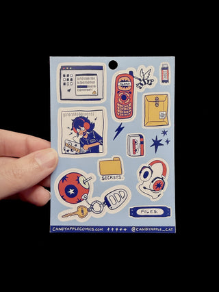Sticker sheet with vintage-style secret agent icons, colorful character, and envelope designs