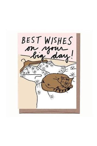 Wedding day greeting card with cat in white patterned wedding dress illustration