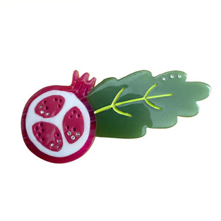 Pomegranate alligator hair clip with maroon pomegranate and green leaf accents