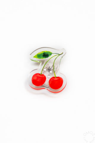 Cherry motif acrylic paper clip with two red cherries and green leaf details