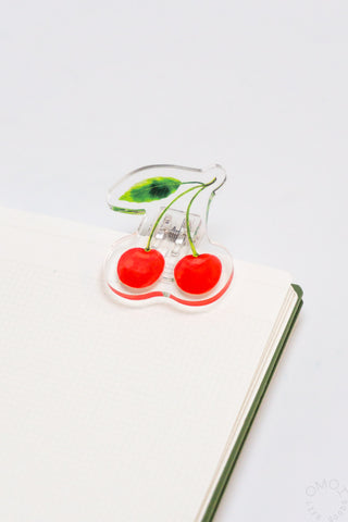 Cherry motif acrylic paper clip with red cherries and green leaf accents