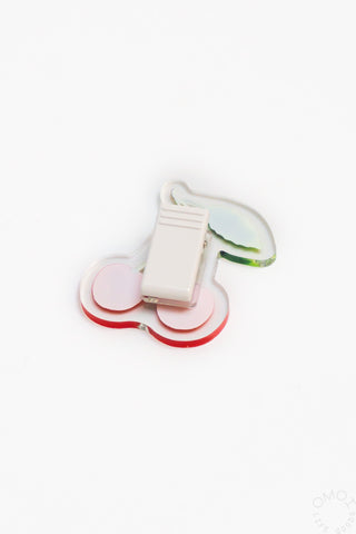 Cherry motif acrylic paper clip with white clamp base and red cherry charms