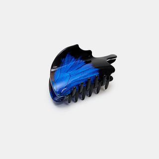 Swallowtail butterfly claw hair clip with blue wings and black spring clip teeth