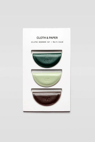 Mini magnetic bookmarks set: green, pale green, dark brown semi-circle pieces on card