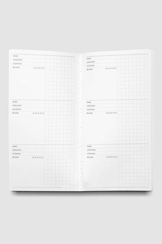 Open A5 notebook with two grid planning pages and small section labels