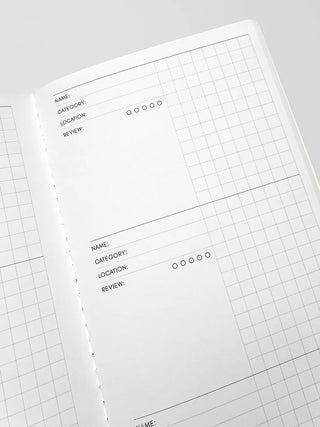 A5 notebook page close-up with grid lines and labeled fields for name, category