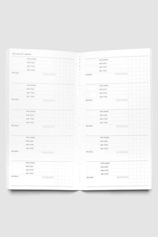 Open A5 notebook spread with multiple pen swatch form sections