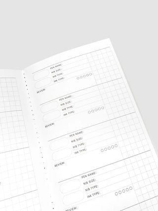 Open notebook page with pen name and nib type fields
