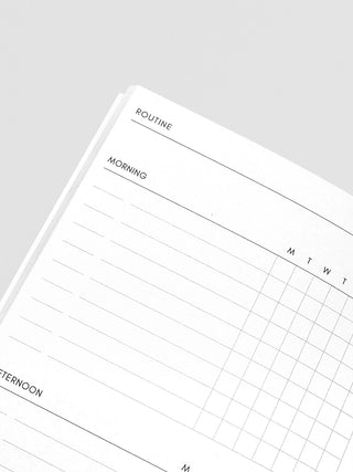 White routine planner pages with headings and weekly grid chart