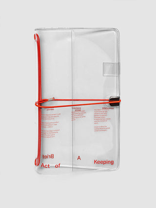 Clear vinyl A5 notebook cover with red cord binding and inner divider
