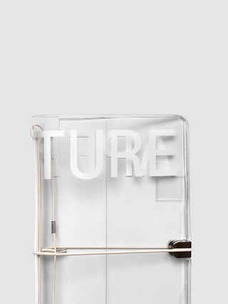 Clear vinyl A5 notebook cover, front view with metal clasp strap and ring binding