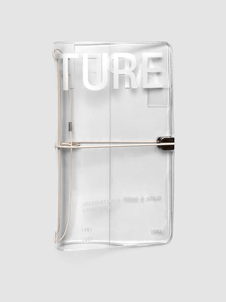 A5 slim clear vinyl notebook cover with metal rings and spine zipper closure