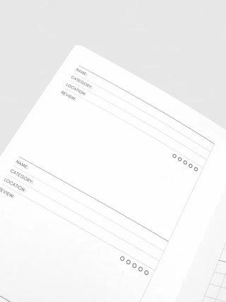 Travel notebook page with Name, Category, and Location lines plus dot markers
