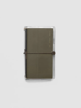 Vinyl travel cover with exterior bands, olive insert, and gray transparent edges