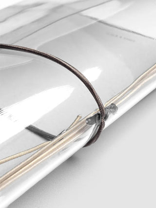 Close-up of vinyl travel cover with clear cover strap and metal clasp