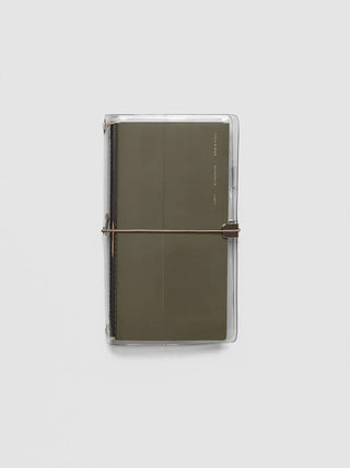 Vinyl travel cover with exterior bands, olive insert, and gray transparent cover