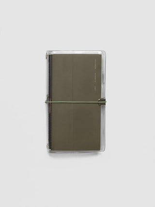 Vinyl travel cover with exterior bands and olive insert in a clear gray frame