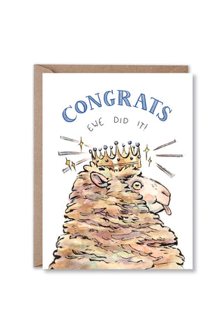Greeting card featuring a crowned sheep and 'Congrats' lettering