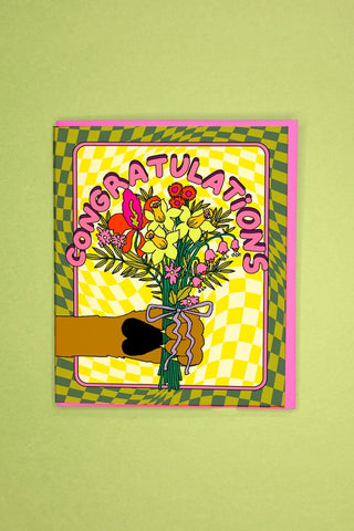 Congratulations bouquet greeting card with checkered border and floral bouquet illustration