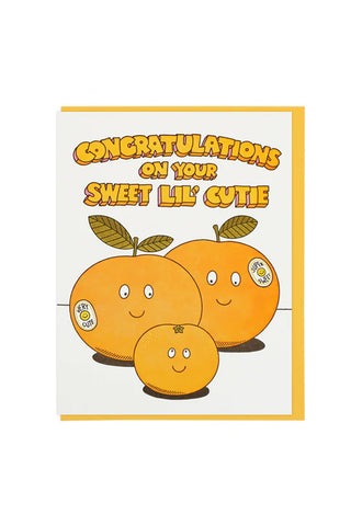Greeting card with orange fruit characters and “Congratulations” message