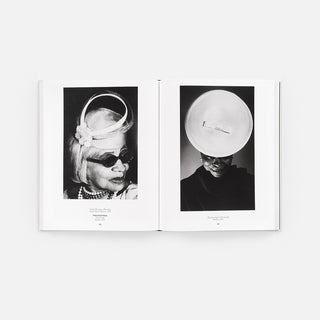 Open monograph book spread with black-and-white portraits of a woman wearing a hat