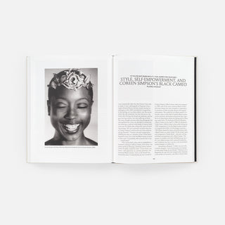 Open Coreen Simpson monograph book showing a smiling portrait photo and a text page