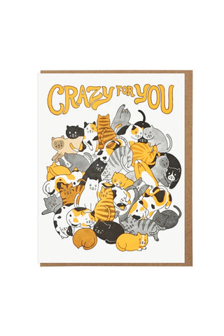Crazy For You cats greeting card with colorful cartoon cat collage and gold title text