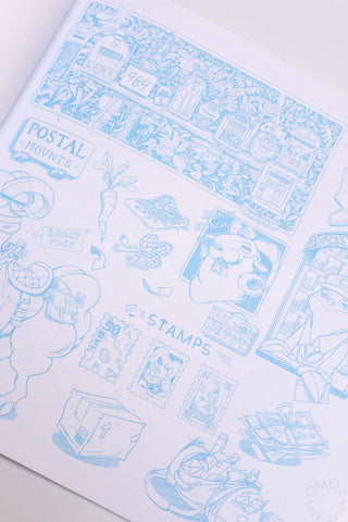 Creature Corners book page close-up with blue line drawings and small text blocks