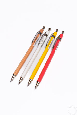 Assorted wood ball pens with metal ballpoint tips in orange, white, yellow, and red