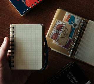 Spiral mini memo notebook with light grid pages and dark cover, held in hand