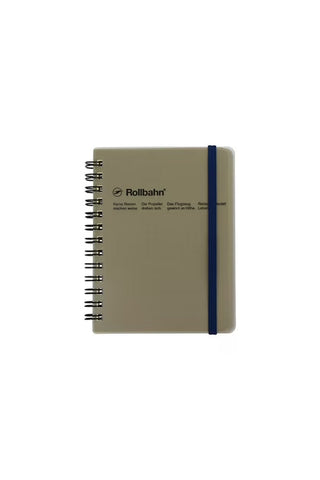 Grey spiral pocket memo notebook with blue spine and Rollbahn logo