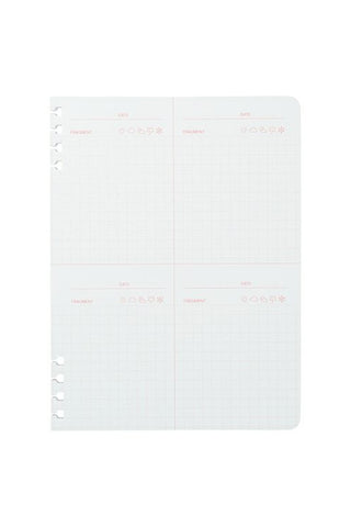 White block refill pages with weekly-style grid and light red/gray headings