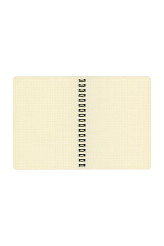 Cream spiral notebook with gold ring binding, lay-flat top view