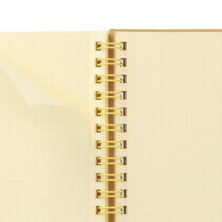 Light blue Rollbahn notebook, close-up of gold spiral binding and grid pages