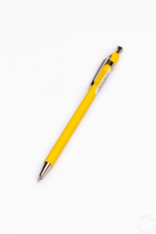 Yellow wood ball pen with metal ballpoint tip and brown wood end cap