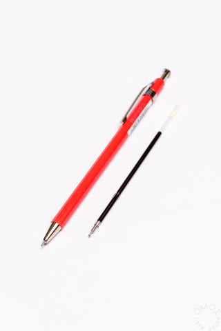 Red and black wood ball pens with metal ballpoint tips and brown wood end caps