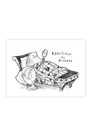 White postcard with black-and-white cat-on-bed cartoon and 'Beautiful as Always' text
