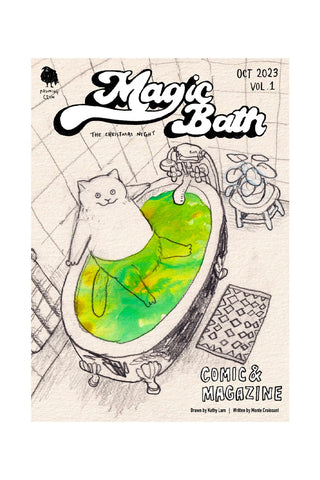 Magic Bath Zine Vol.1 comic magazine cover with green cat in bathtub